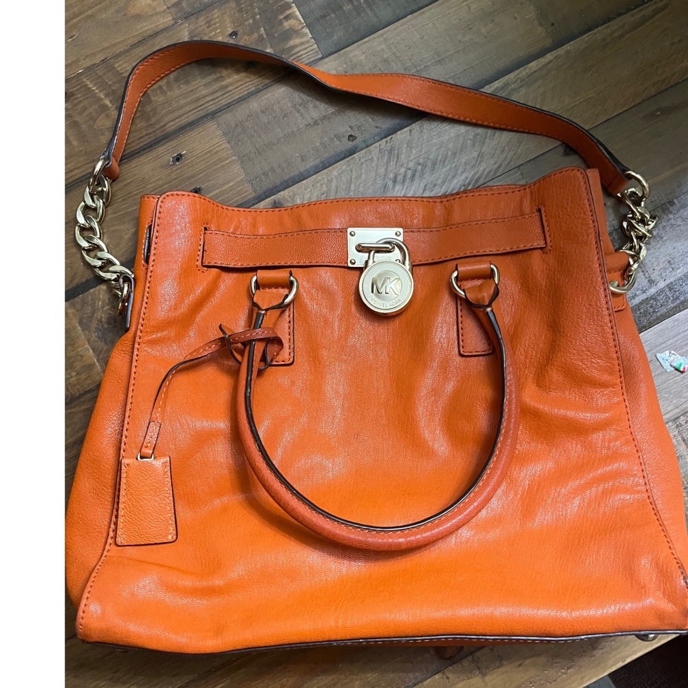 MICHAEL KORS Hamilton Tote Bag Lock Key Women Large Orange Leather Satchel